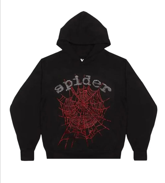 Sp5der AND Rhinestone Hoodie Black