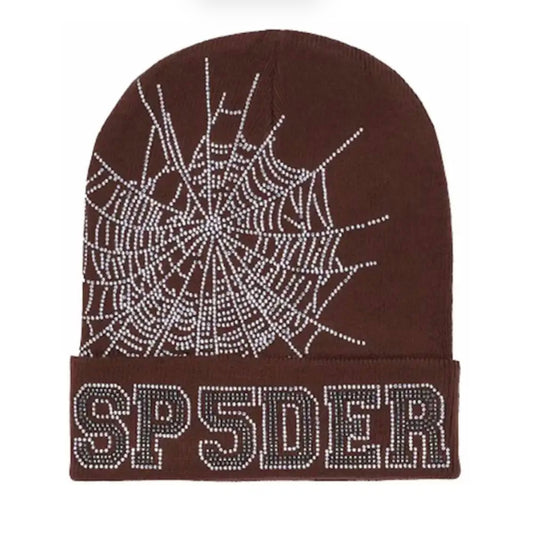 Sp5der Web Rhinestone Beanie Brown